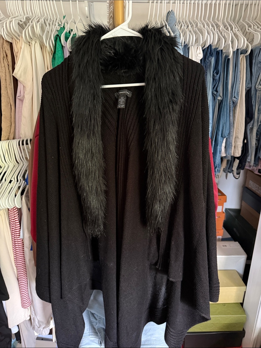 Black Faux-Fur Collar Open Front Women's Sweater Cardigan